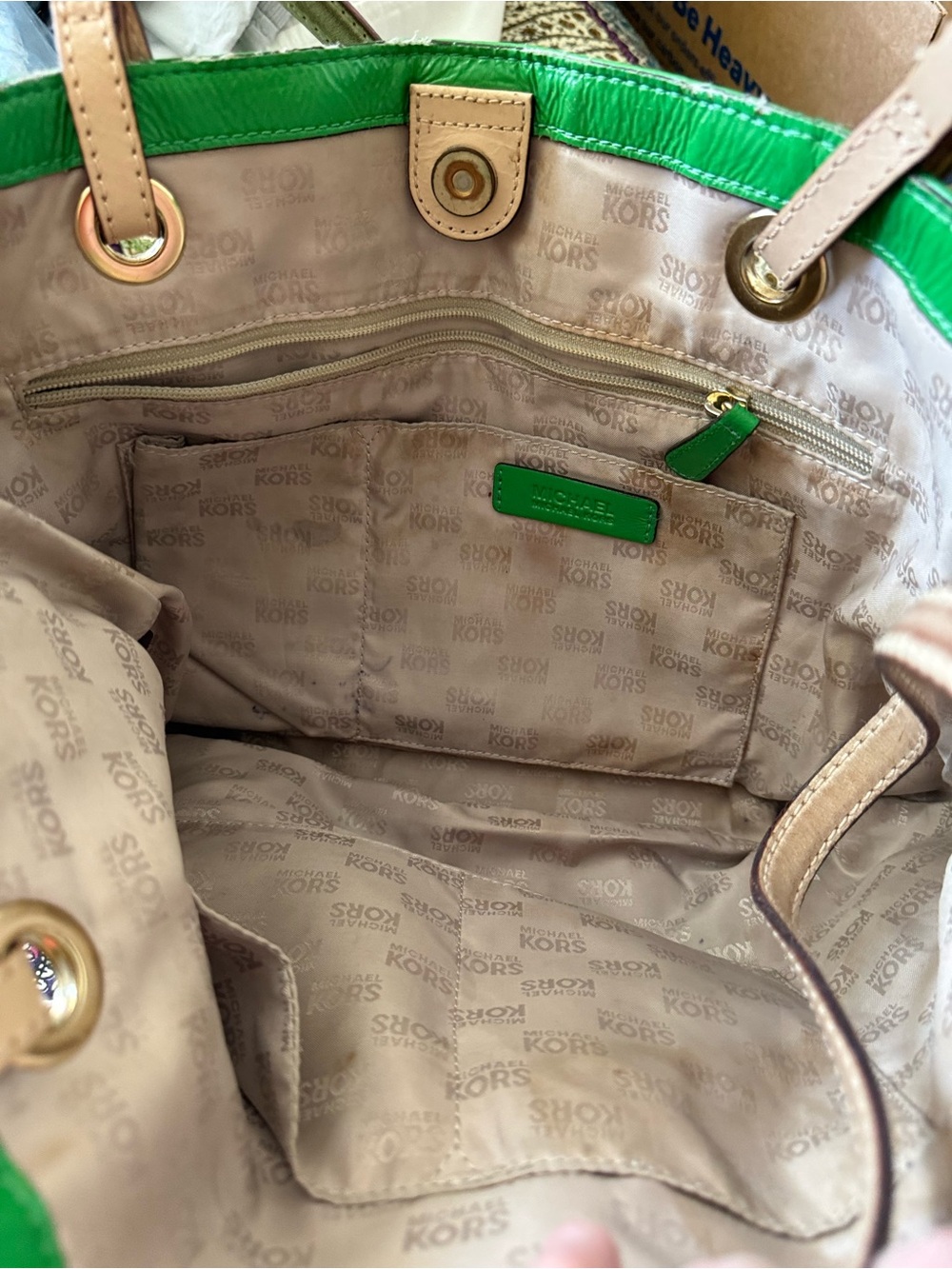 Michael Kors Bright Green Leather Tote with Gold MK Charm and Tan Straps - Picture 4 of 4